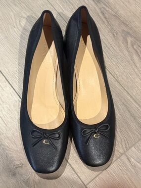 Coach Black Leather Block Heel Ballet Pump with Bow and Charm 10